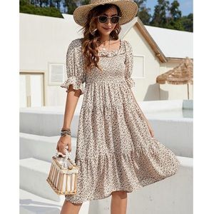 Women’s Floral Square Neck Smocked Ruffle Sleeve Midi Flowy Dress (M)